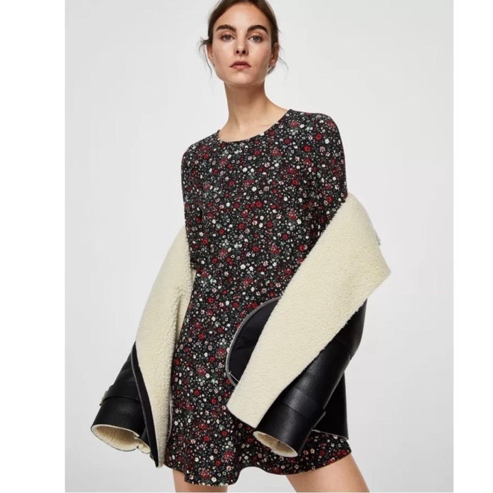 Mango Black Red Floral Print Plisse Dress Collar Long sleeve